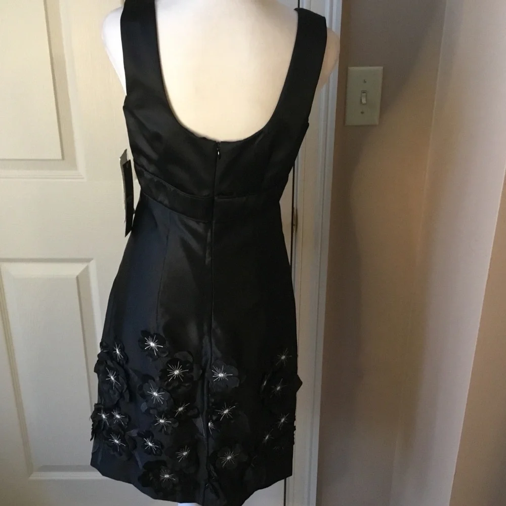 Chetta B NWT Black Satin Sleeveless Dress Floral Appliqués - 2